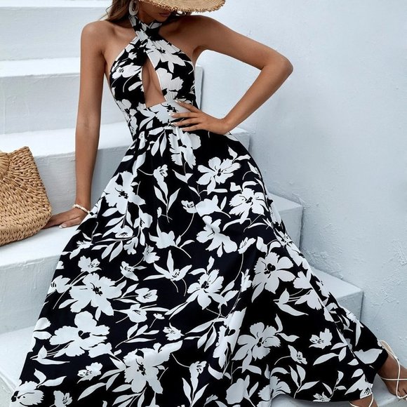 . Dresses & Skirts - Black Boho Womens Floral Print Criss Cross Tie Backless Halter Dress